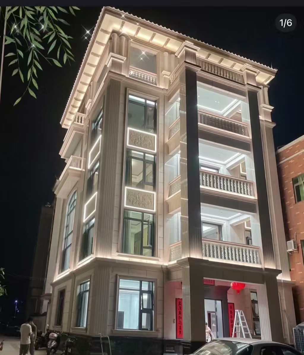 浙江 芝麻白花岗岩别墅外墙夜间效果